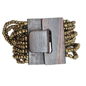 Gold Brass Seed Bead Stretch Bracelet Brown Wood Closure Artisan Boho Style